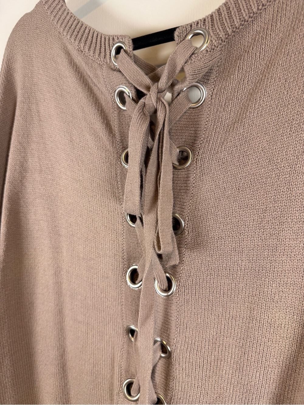 Express Taupe Lace-Up Back Crewneck Sweater - Picture 4 of 7